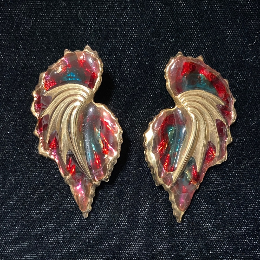 Vintage Elegant Gold wing pierced earrings with purple Red and green enamel